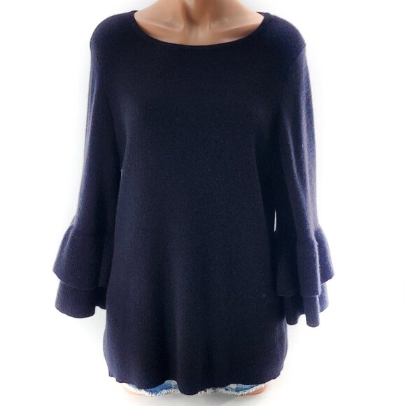 CHARTER CLUB Luxury100% Cashmere 3/4 Ruffle Bell Sleeve Sweater Black - Picture 1 of 4